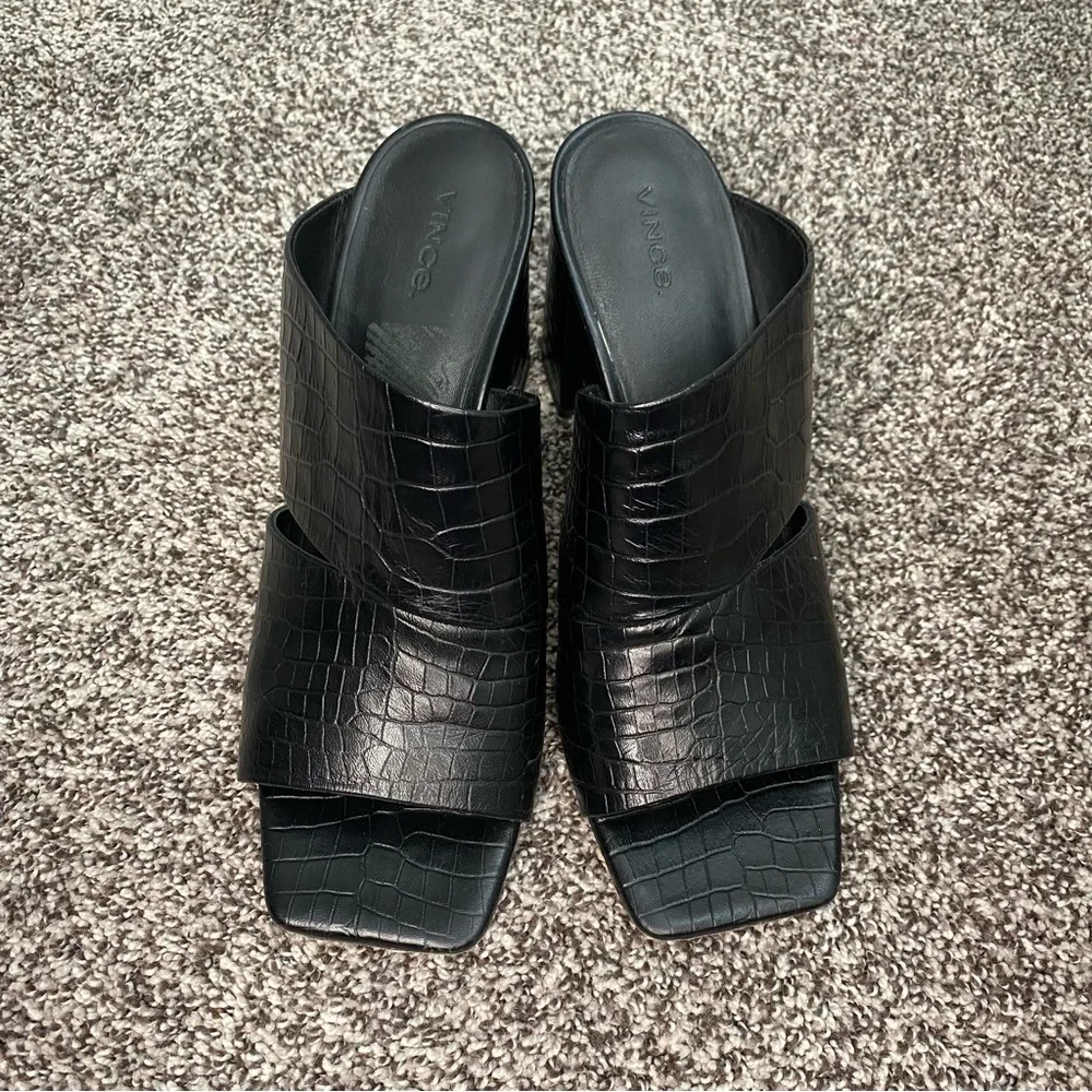 Vince Nelda Cutout Croceffect Leather‎ Black Square Heels Sandals Women’s 10